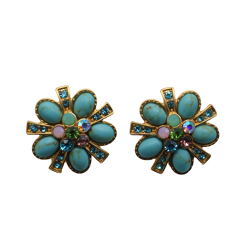 Turquoise earrings Opal gemstone 925 silver needle flower earrings 24K matte real gold plating