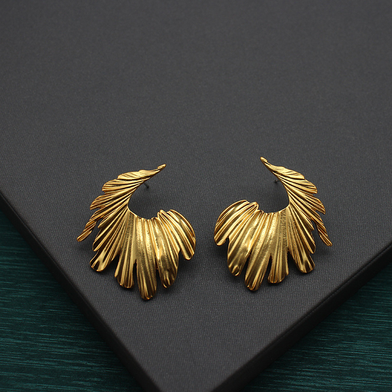 Exaggerated personality feather C earrings 24K matte real gold plated earrings