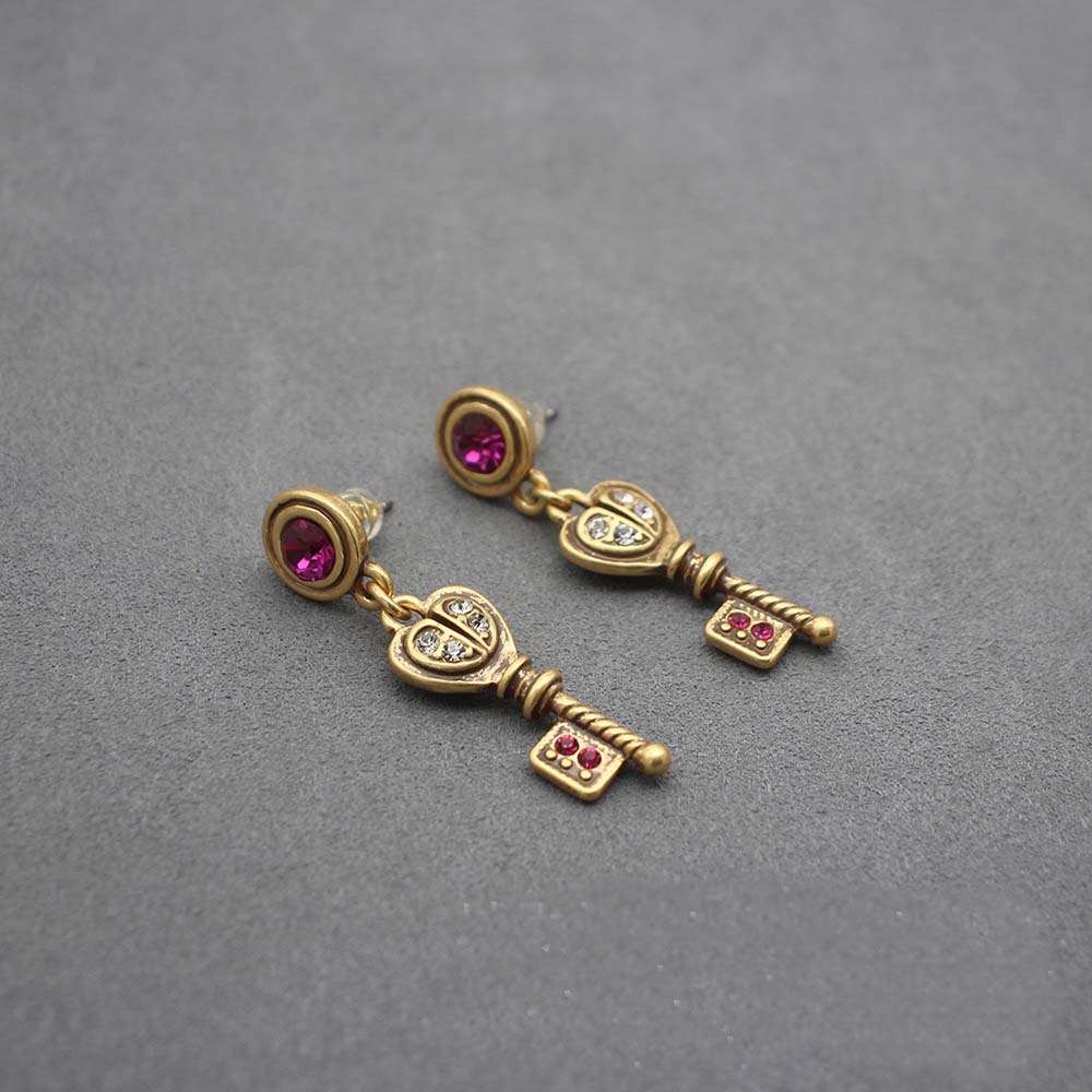 Gold Key Vintage Earrings Italian Grandma Style Heart Diamond Earrings