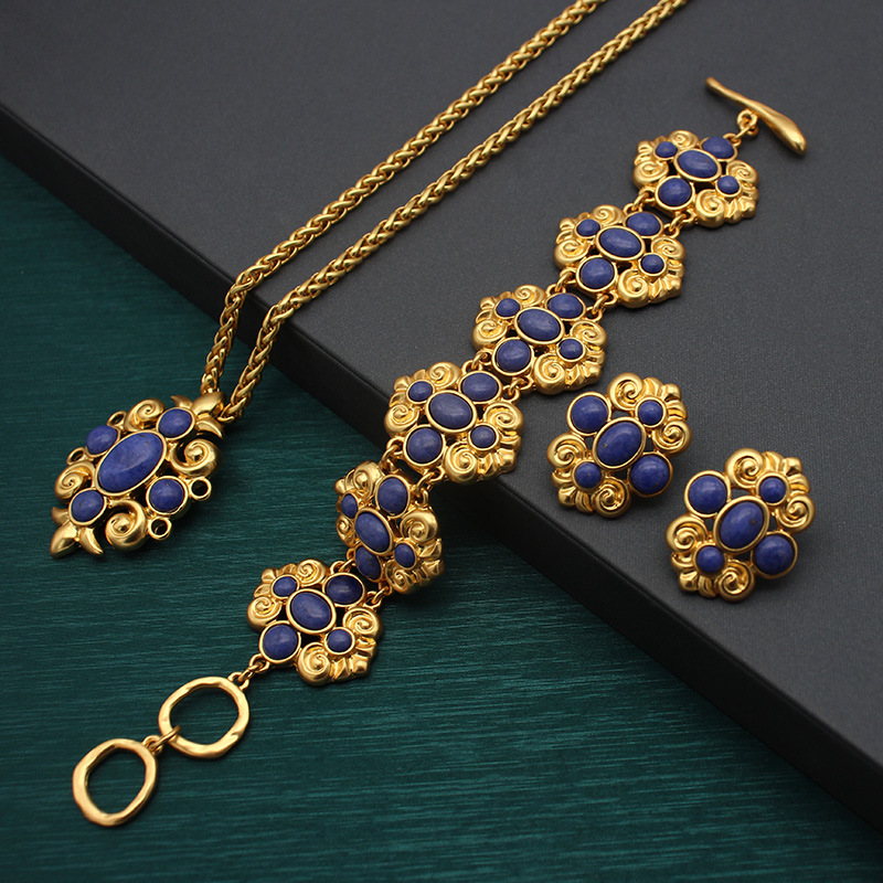 Dio vintage lapis lazuli bracelet necklace earrings three-piece set silver needle vintage jewelry set