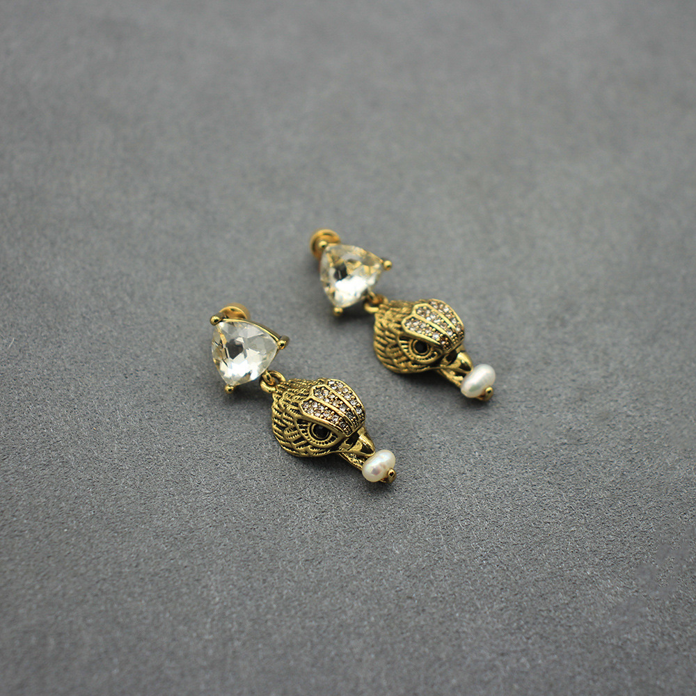 Vintage Eagle Head Earrings Freshwater Baroque Pearl White Crystal Pendant Jewelry