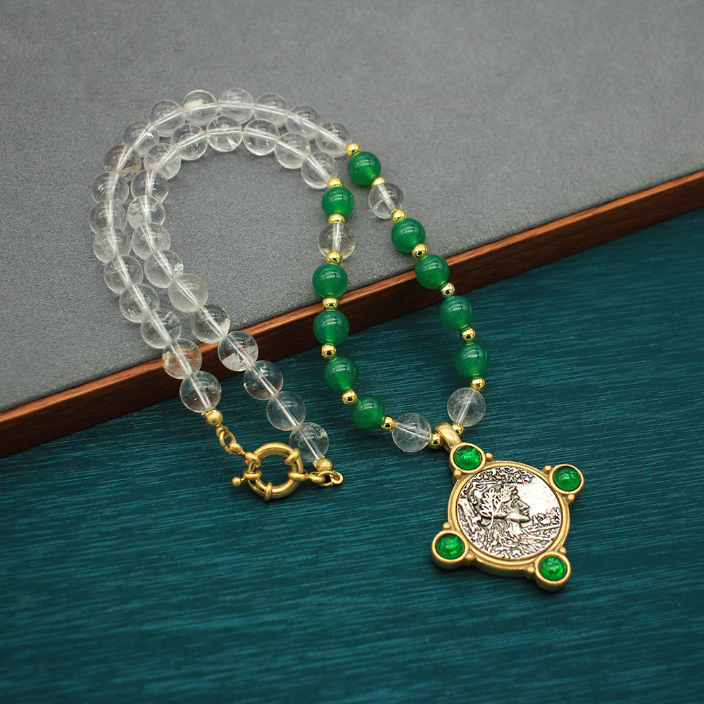 Natural white crystal necklace vintage ancient coin green agate pendant