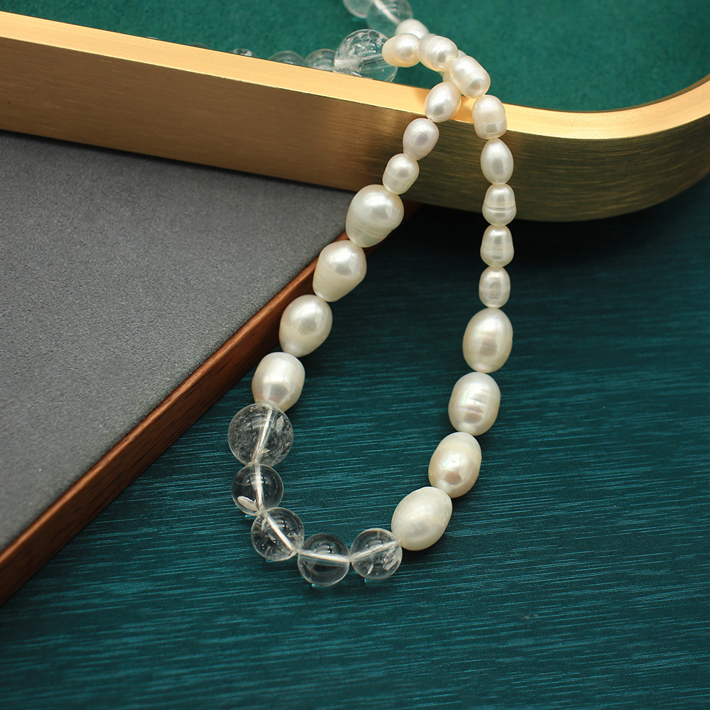 Natural white crystal bubble round bead necklace stacking minimalist advanced freshwater pearl clavicle chain